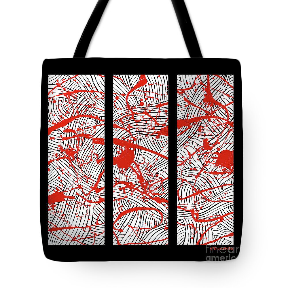 Black And White Tote Bag featuring the painting Black and White and Red All Over by Diane Thornton