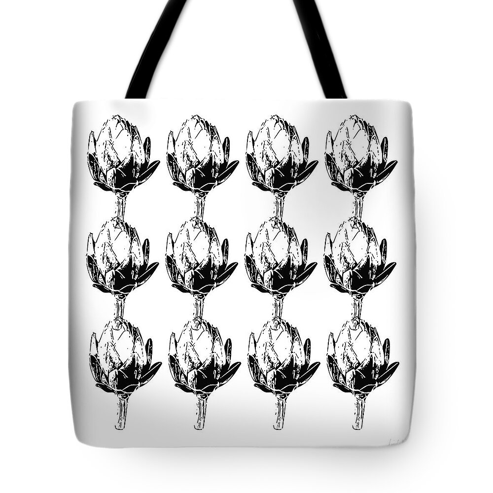 Artichoke Tote Bag featuring the mixed media Black And White Artichokes- Art by Linda Woods by Linda Woods