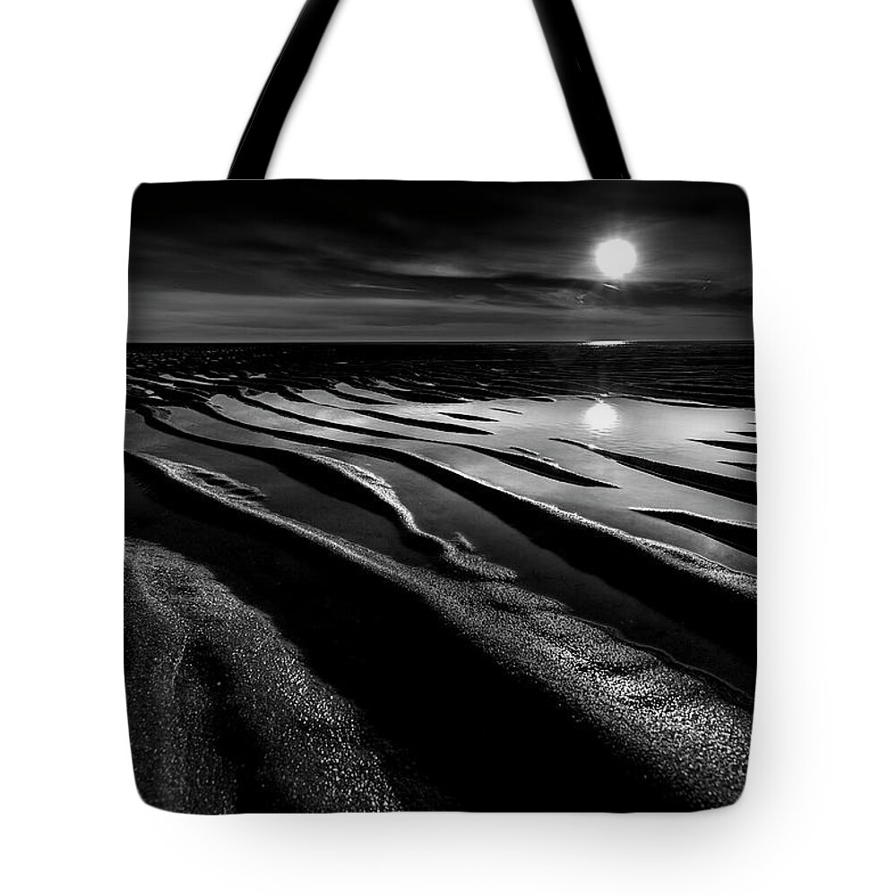 Black And White Tote Bag featuring the photograph Black and White Beach - Low Tide by Darius Aniunas