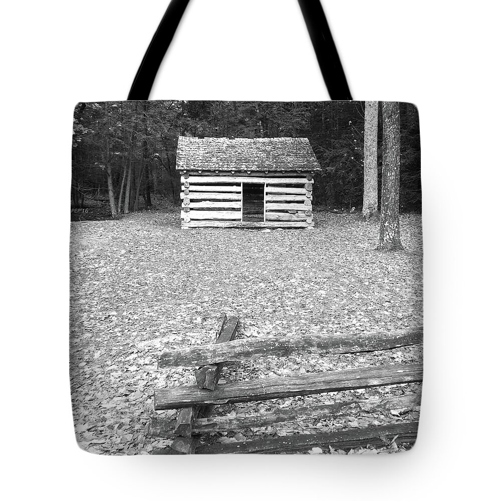 Cades Cove Tote Bag featuring the photograph Black And White Cabin by Phil Perkins