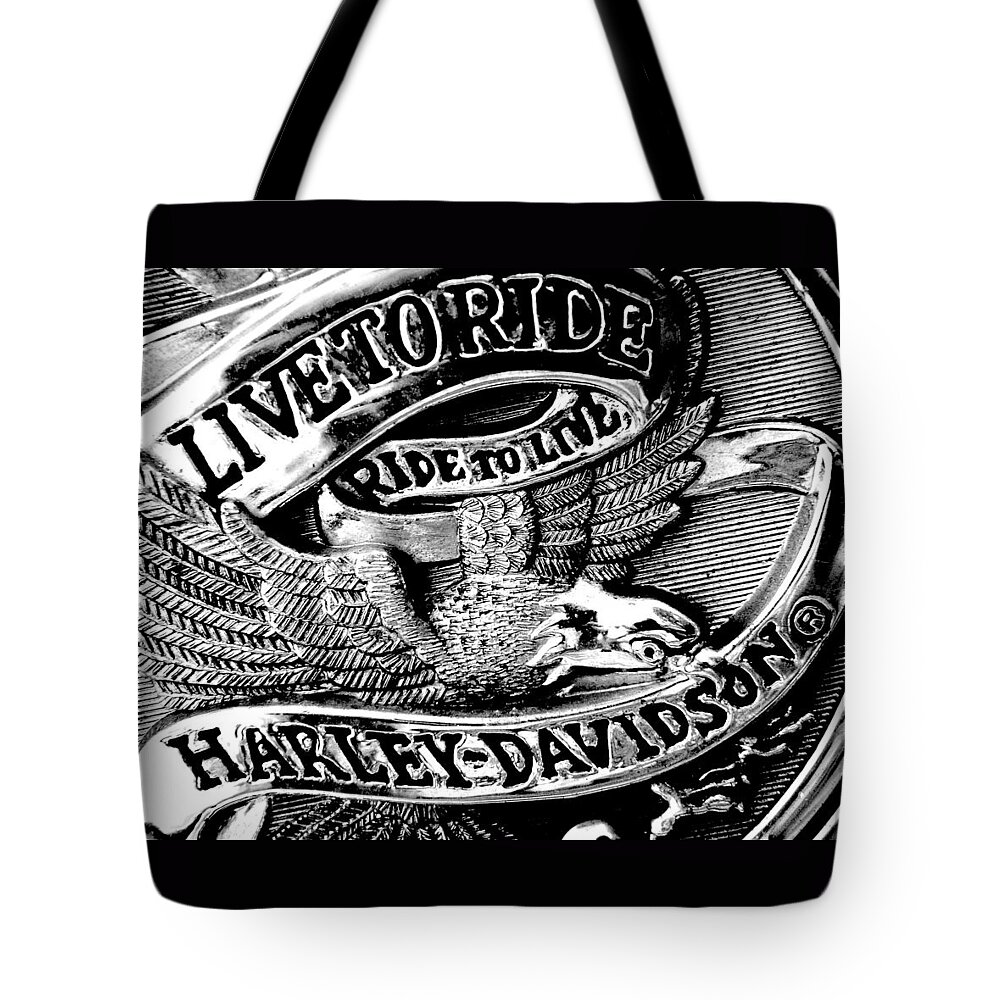 Harley Tote Bag featuring the photograph Black And White Emblem by Chris Berry