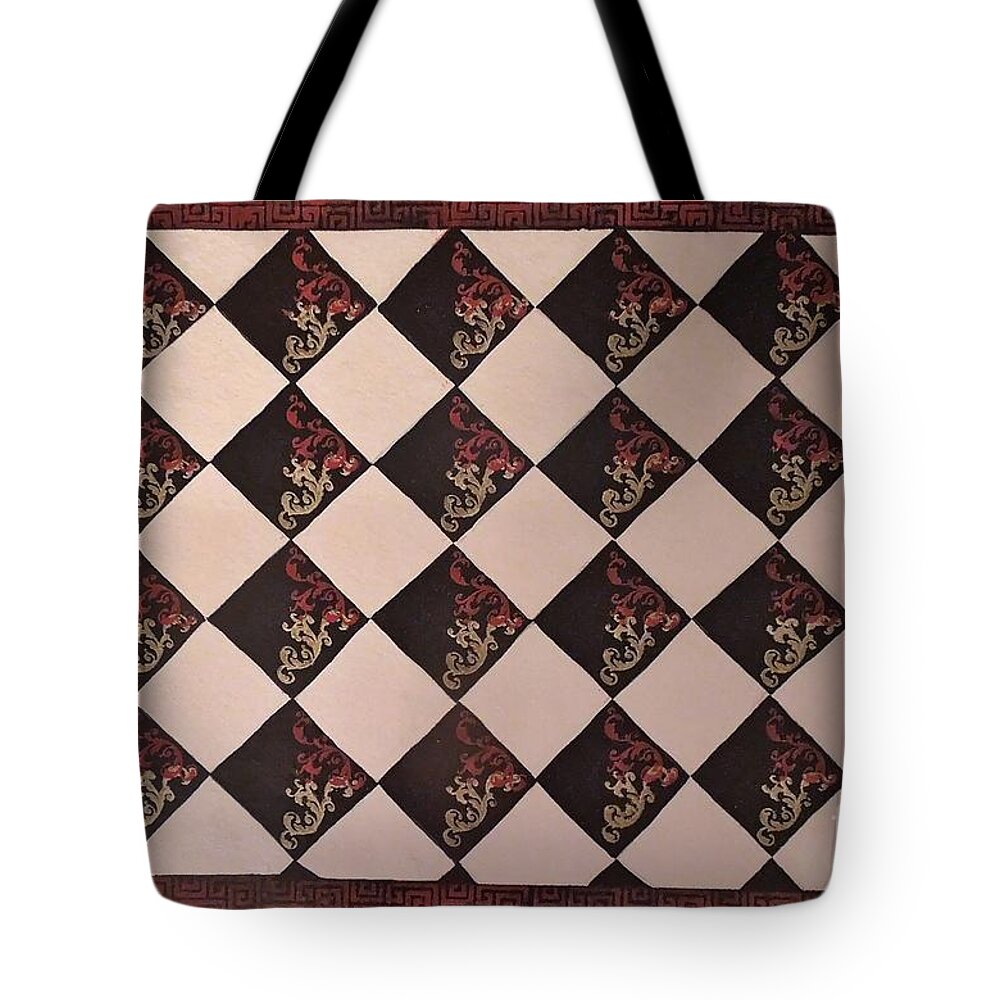 Black Tote Bag featuring the mixed media Black and White Checkered Floor Cloth by Judith Espinoza