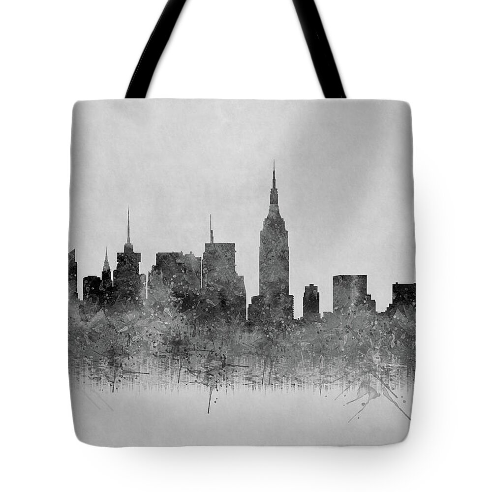 New York Tote Bag featuring the digital art Black and White New York Skylines Splashes and Reflections by Georgeta Blanaru