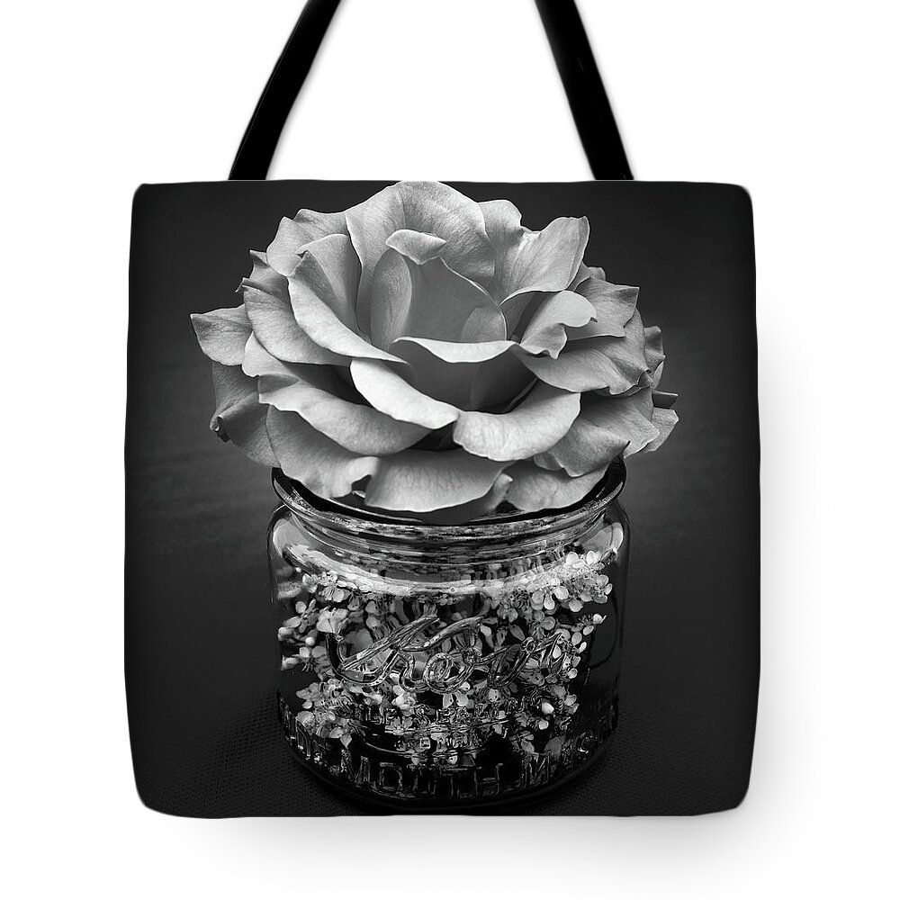 Rose Tote Bag featuring the photograph Black and White Rose Antique Mason Jar 2 by Kathy Anselmo