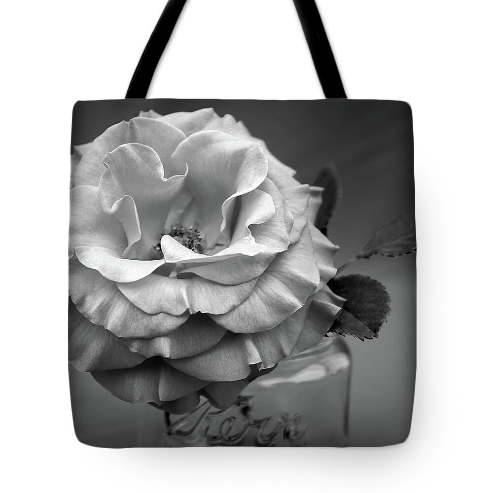 Rose Tote Bag featuring the photograph Black and White Rose Antique Mason Jar by Kathy Anselmo