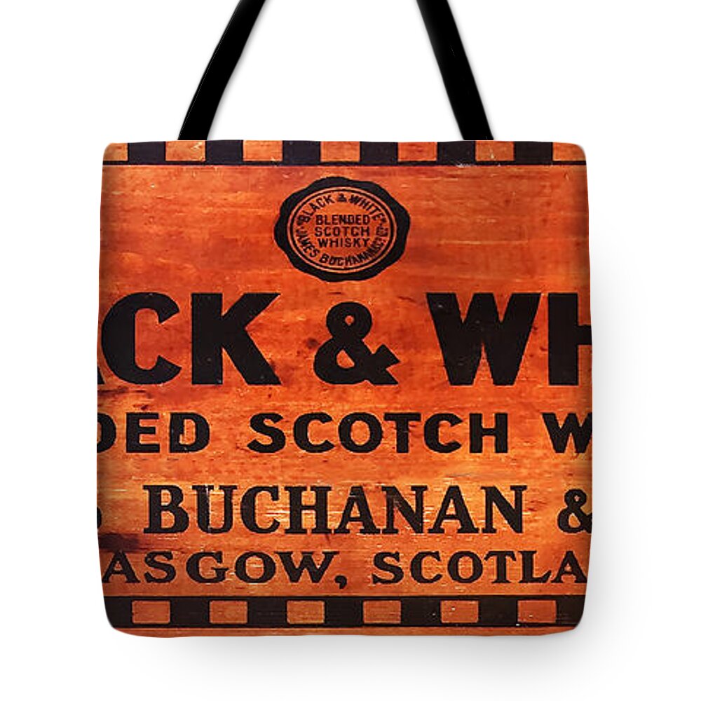 Black & White Scotch Whiskey Wood Sign Tote Bag featuring the photograph Black and White Scotch Whiskey Wood Sign by Jon Neidert