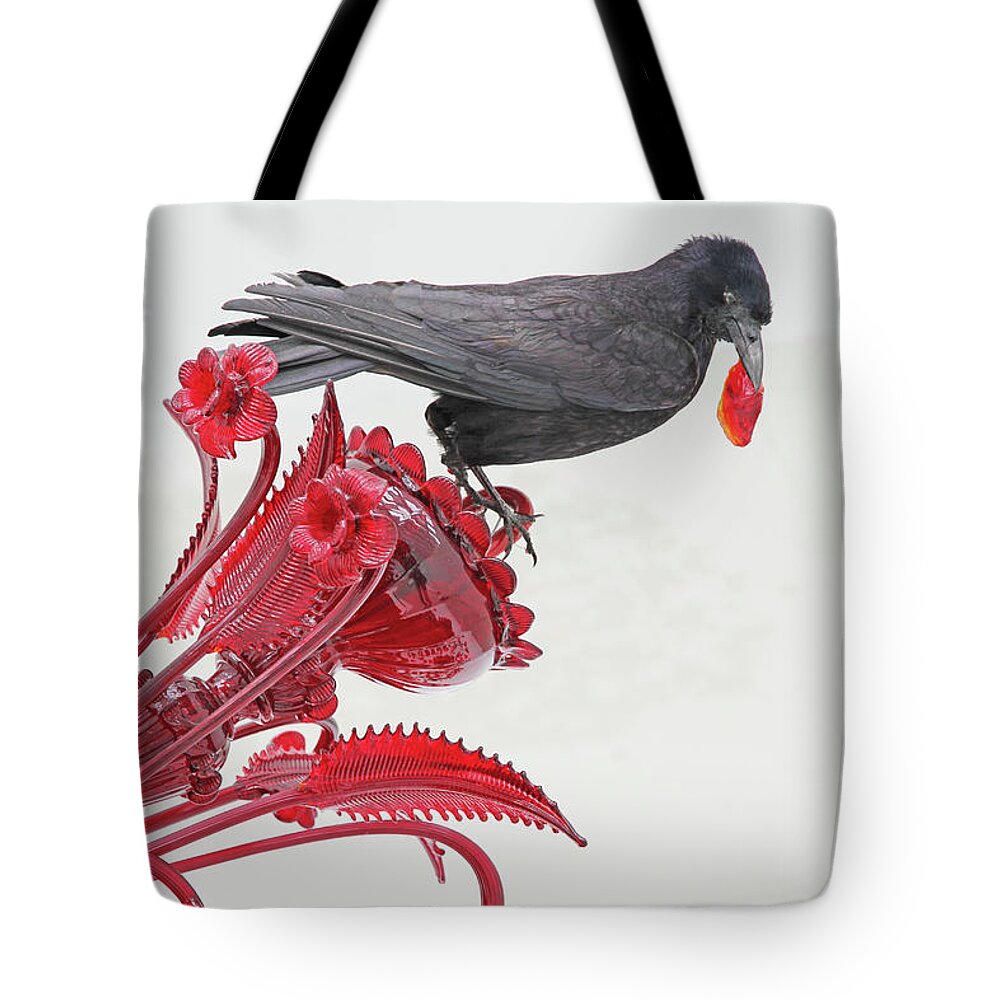 Black Bird Red Silicate Glass Flowers Gray Background Tote Bag featuring the photograph Black Bird Red Silicate Glass Flowers Gray background 2 8282017 by David Frederick