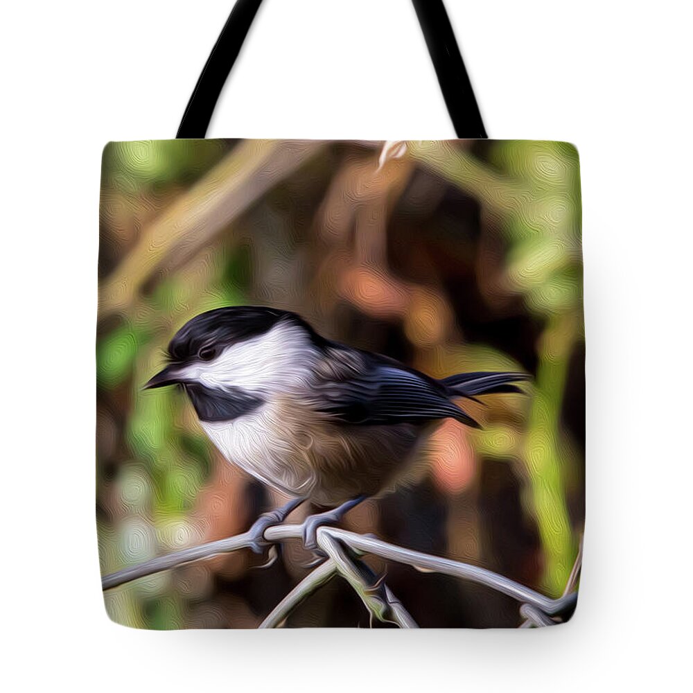 Black Tote Bag featuring the digital art Black Capped Chickadee Digital Oil by Birdly Canada