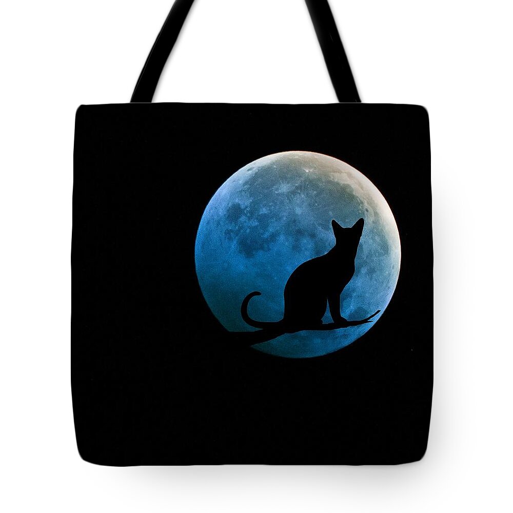Full Moon Tote Bag featuring the digital art Black Cat and Blue Full Moon by Marianna Mills