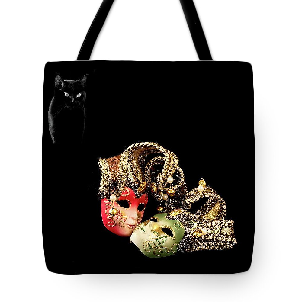 Alex Lyubar Tote Bag featuring the photograph Black cat and love by Alex Lyubar