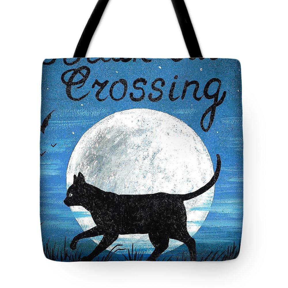 Print Tote Bag featuring the painting Black Cat Crossing by Margaryta Yermolayeva