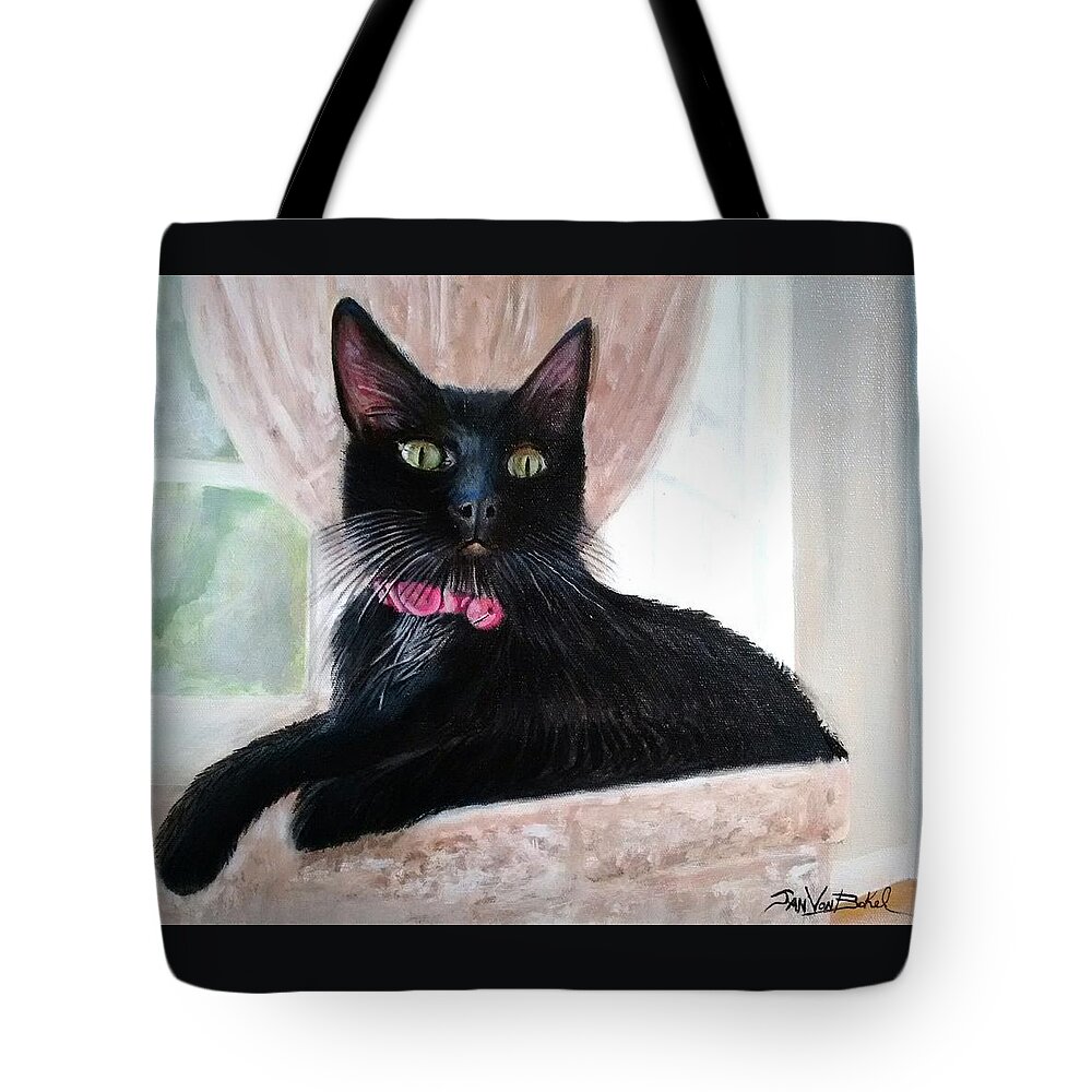 Black Cat Sitting Tote Bag featuring the painting Black Cat by Jan VonBokel