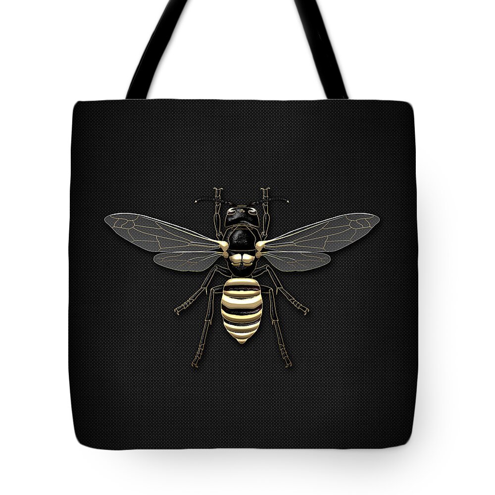 Beasts Creatures And Critters By Serge Averbukh Tote Bag featuring the photograph Black Wasp with Gold Accents on Black by Serge Averbukh