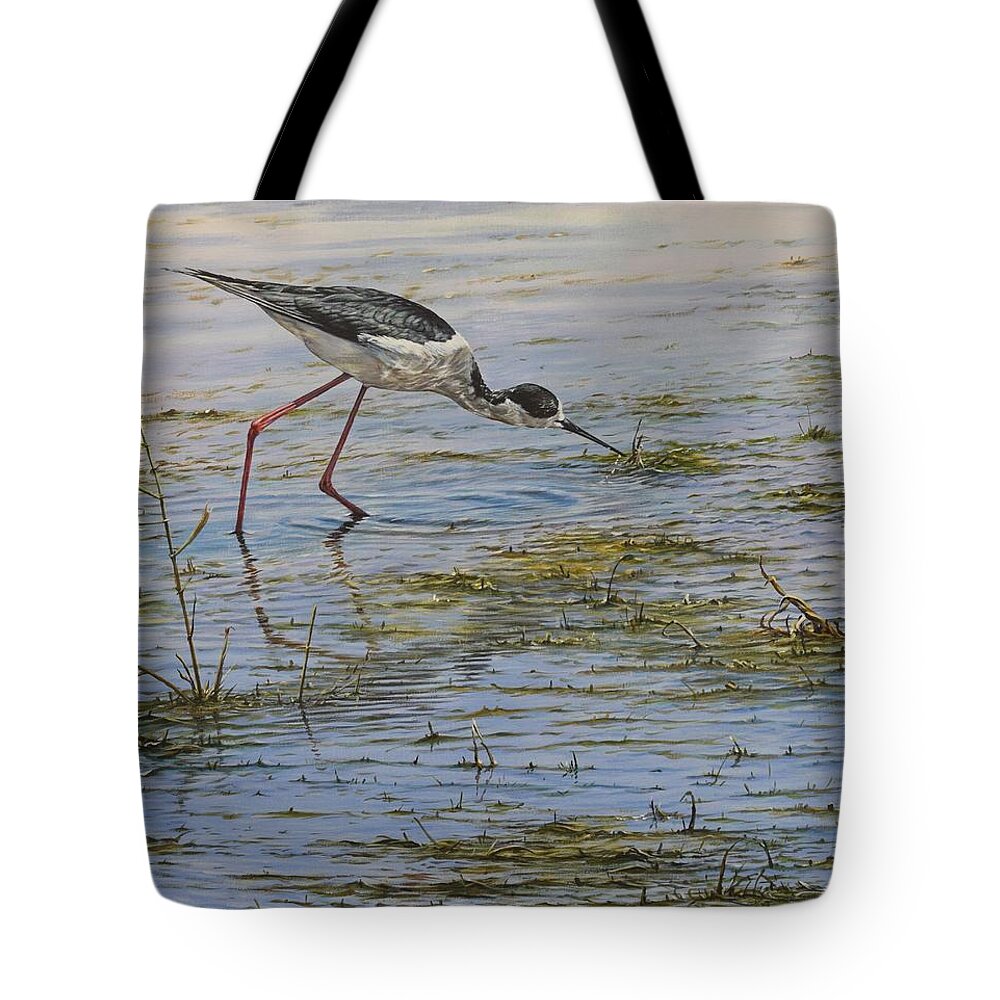 Wildlife Paintings Tote Bag featuring the painting Black WInged Stilt by Alan M Hunt