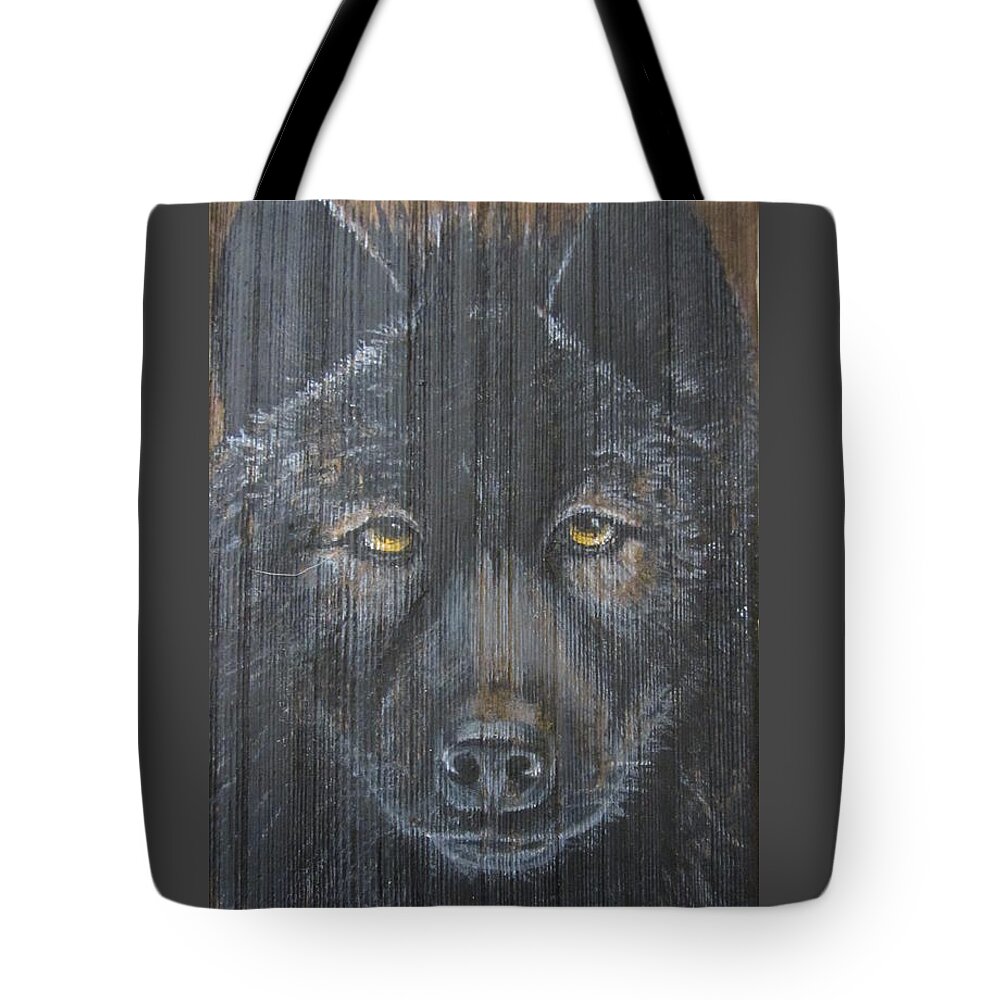 Wood Tote Bag featuring the mixed media Black Wolf by Barbara Prestridge