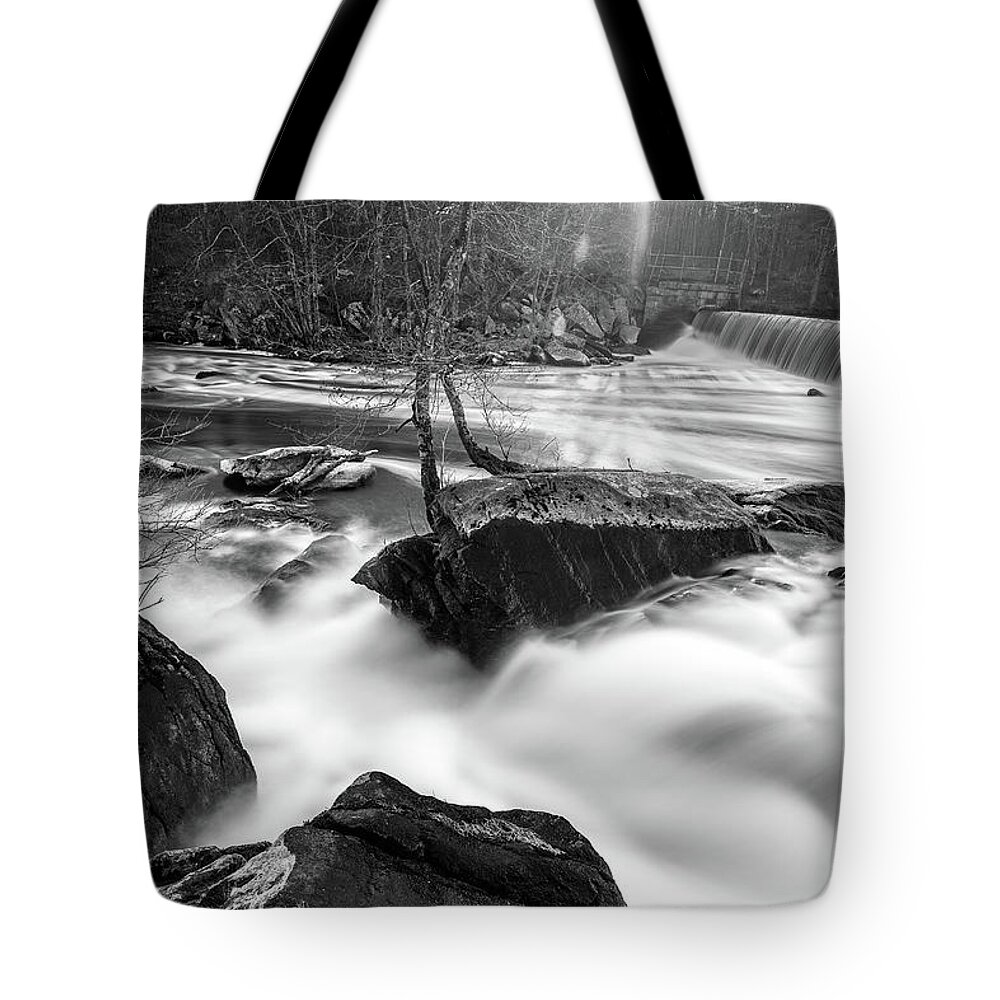 Blackstone Gorge Ma Mass Massachusetts Newengland New England U.s.a. Usa Brian Hale Brianhalephoto Outside Outdoors Nature Natural Sky Trees Forest Woods Secluded Water Waterfall Falls Long Exposure Rocks Rocky Bnw Black And White Tote Bag featuring the photograph Blackstone Gorge 2 by Brian Hale