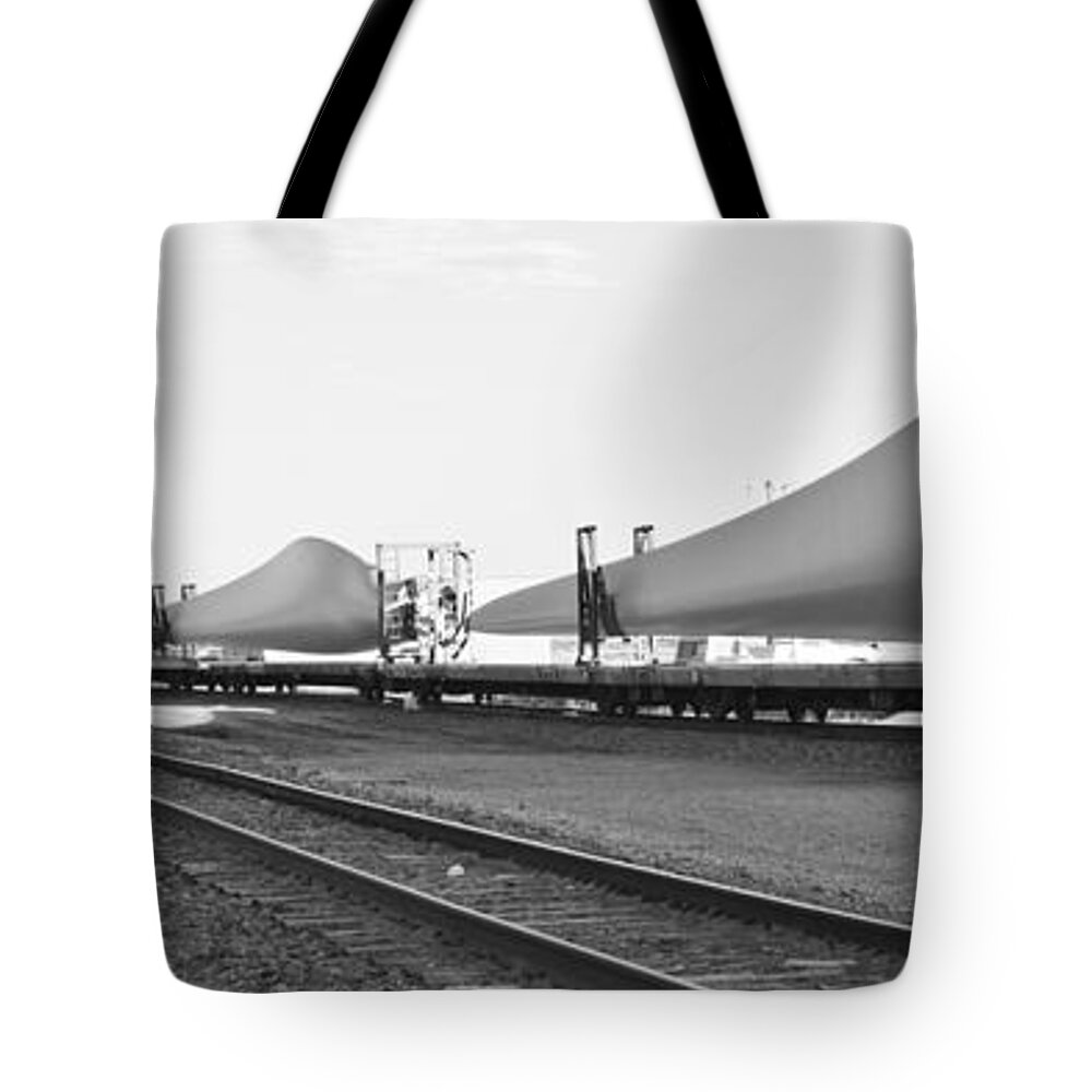 Rail Road Tracks Tote Bag featuring the photograph Blades on the Rails black and white by Jana Rosenkranz