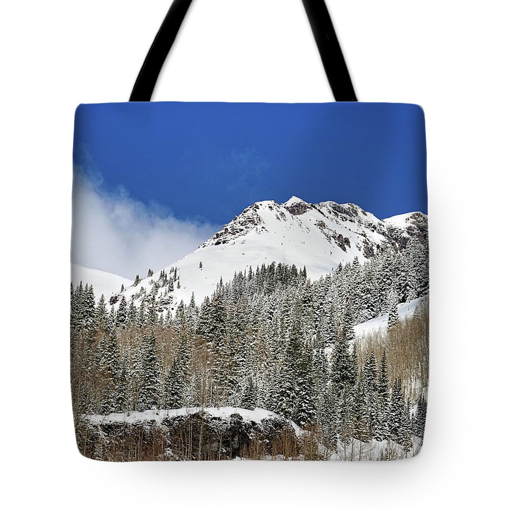 Colorado Tote Bag featuring the photograph Blanketed in Snow by Leda Robertson
