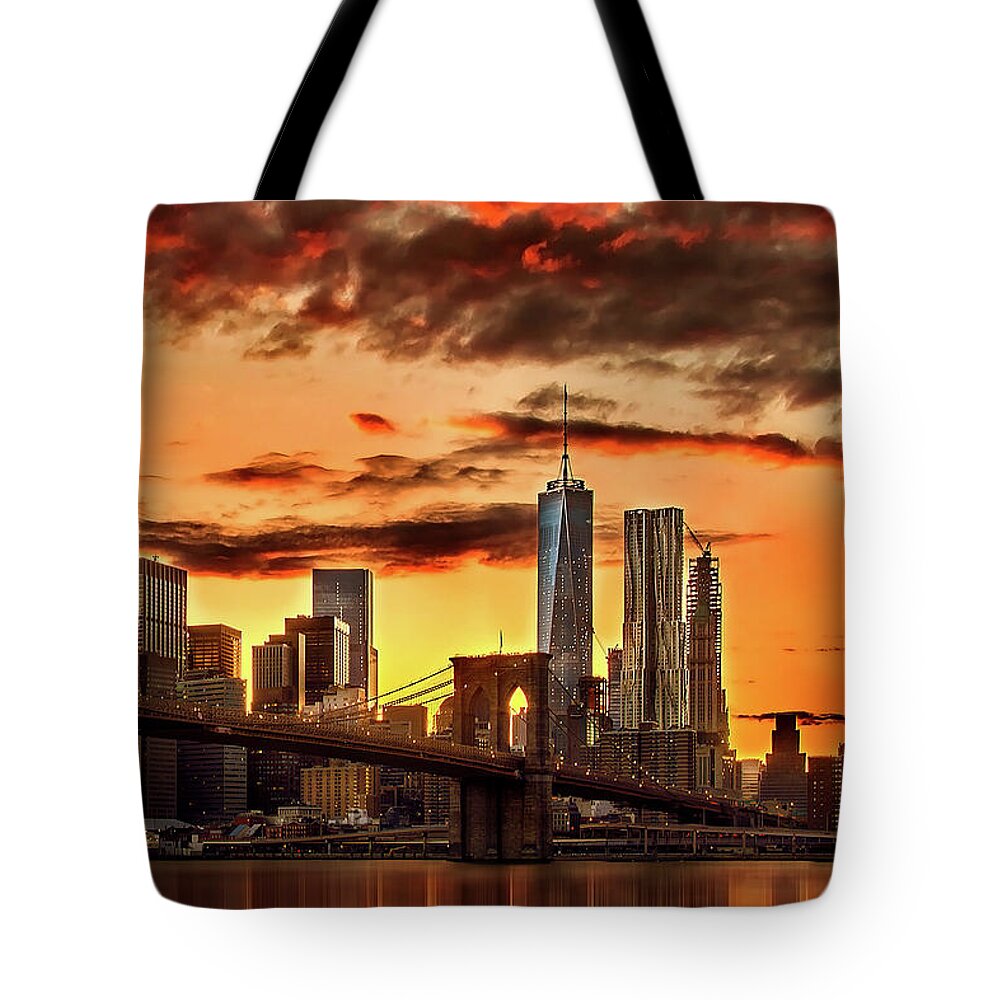New York City Tote Bag featuring the photograph Blazing Manhattan Skyline by Az Jackson