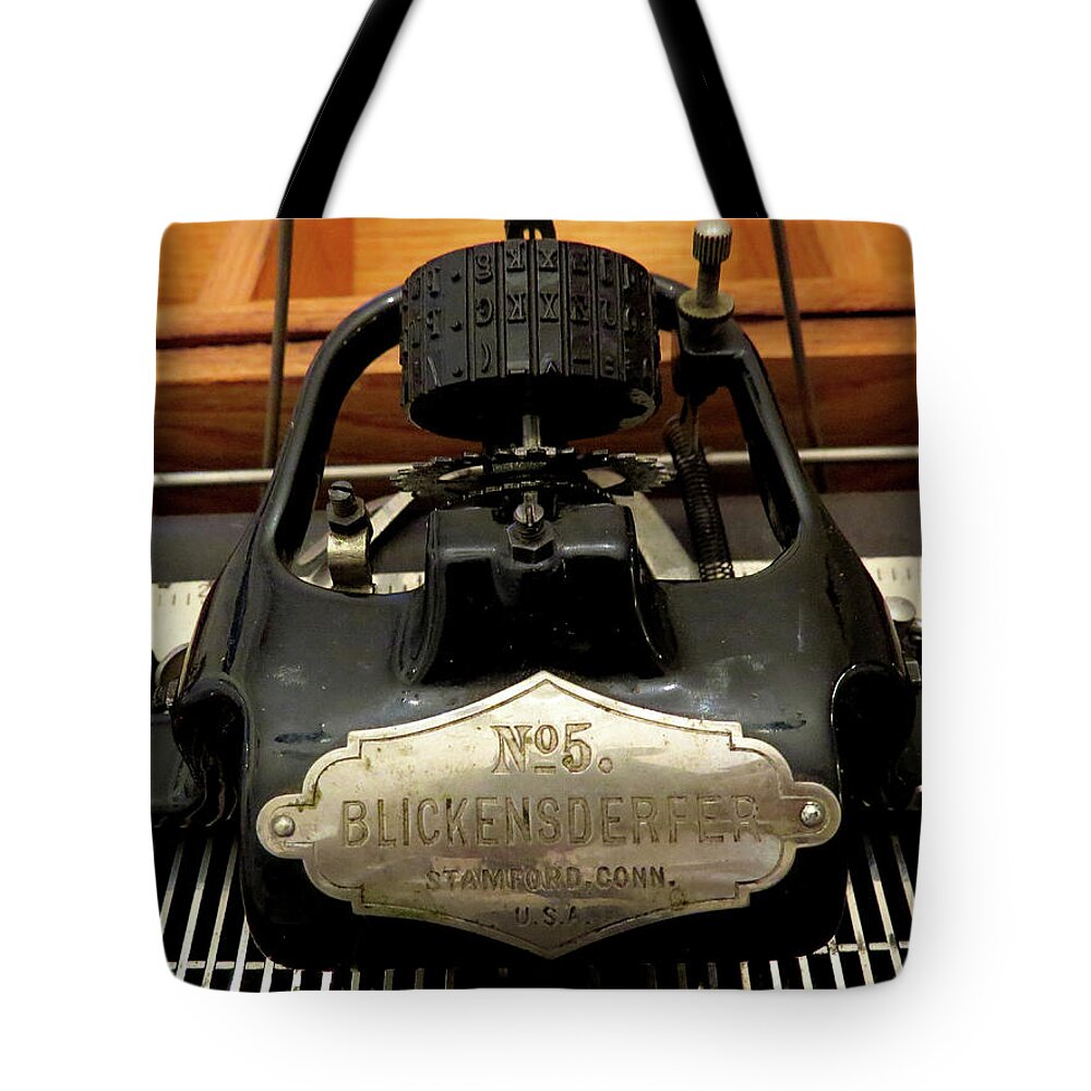 No. 5 Blickensderfer Typewriters Tote Bag featuring the photograph Blickensderfer No. 5 Nameplate by Linda Stern