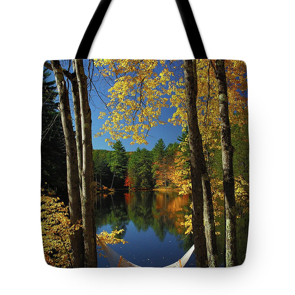 New England Fall Tote Bag featuring the photograph Bliss - New England Fall Landscape hammock by Jon Holiday