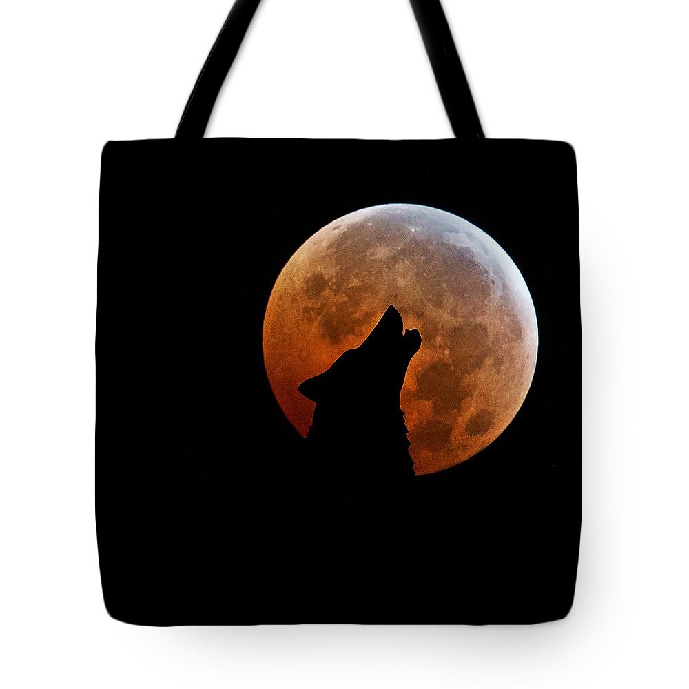 Blood Moon Tote Bag featuring the digital art Blood Full Moon and the Wolf by Marianna Mills