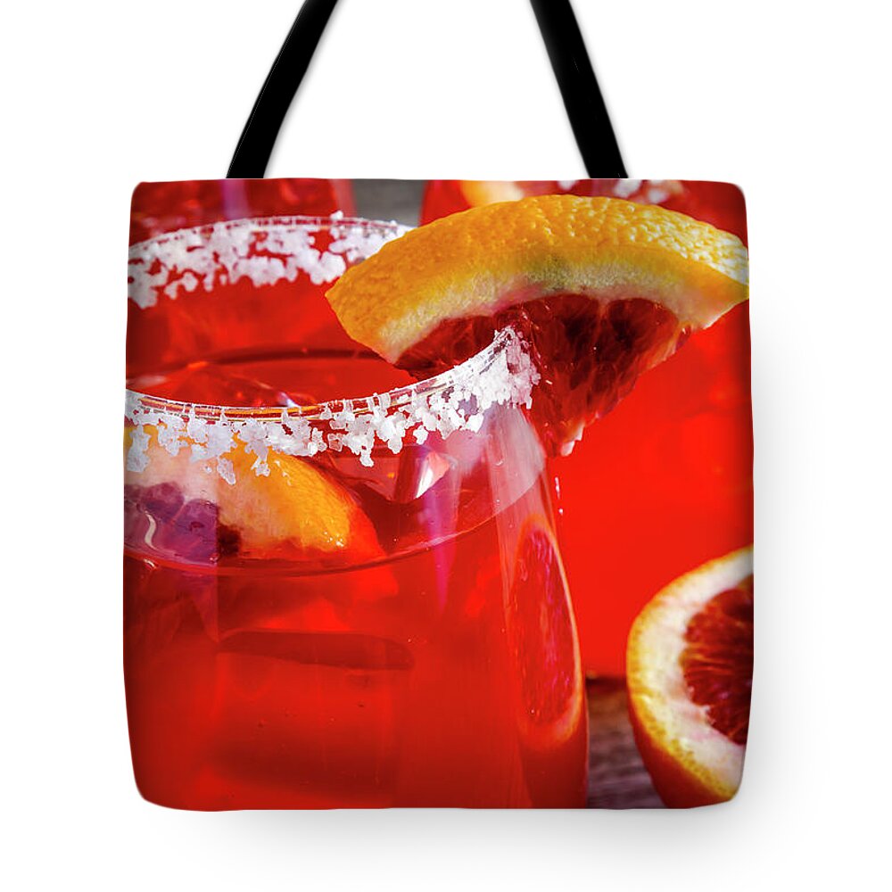 Adult Beverage Tote Bag featuring the photograph Blood Orange Margaritas on the Rocks by Teri Virbickis