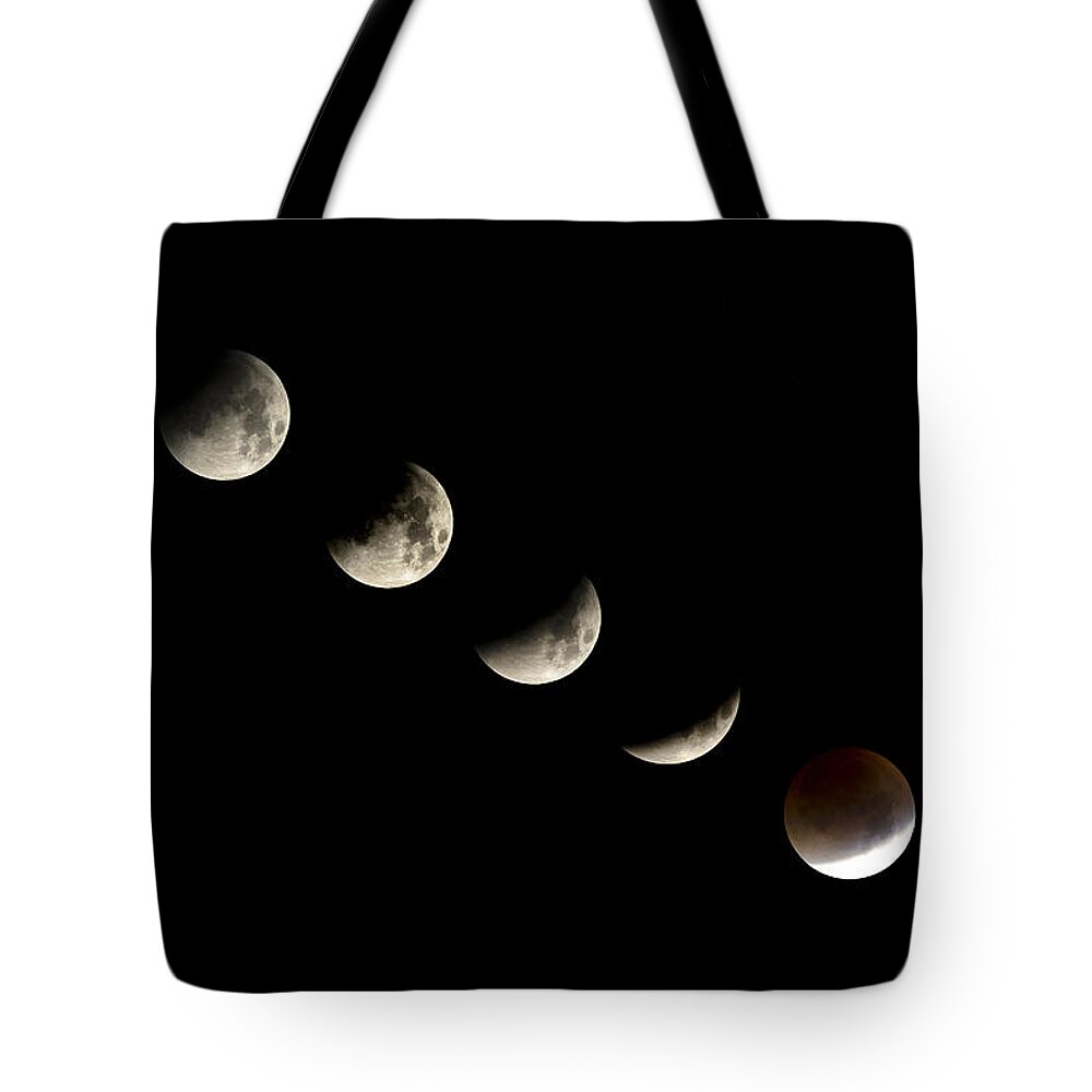 Lunar Eclipse Tote Bag featuring the photograph Bloodmoon Lunar Eclipse with phases composite by Andy Myatt