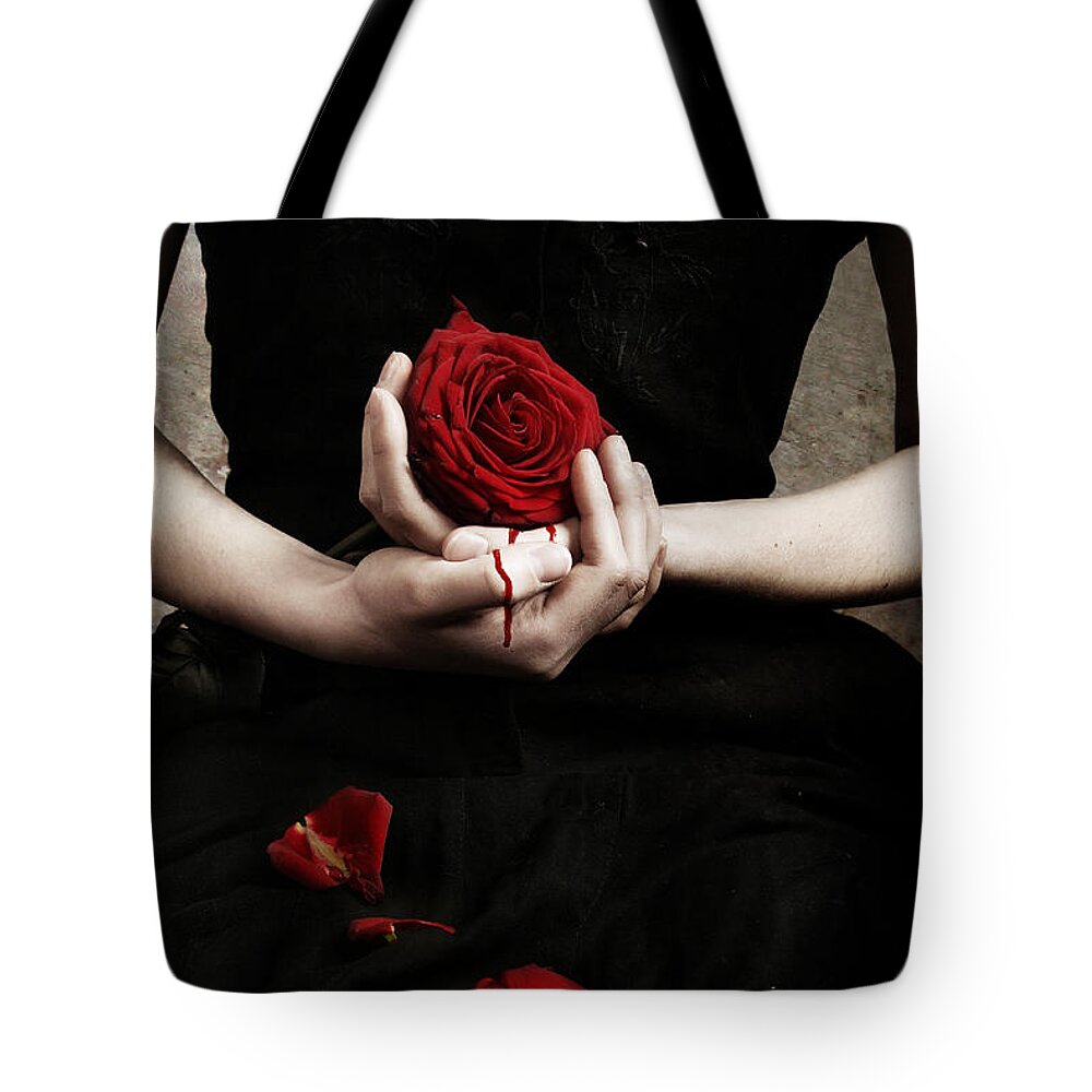 Rose Tote Bag featuring the photograph Bloody rose by Cambion Art