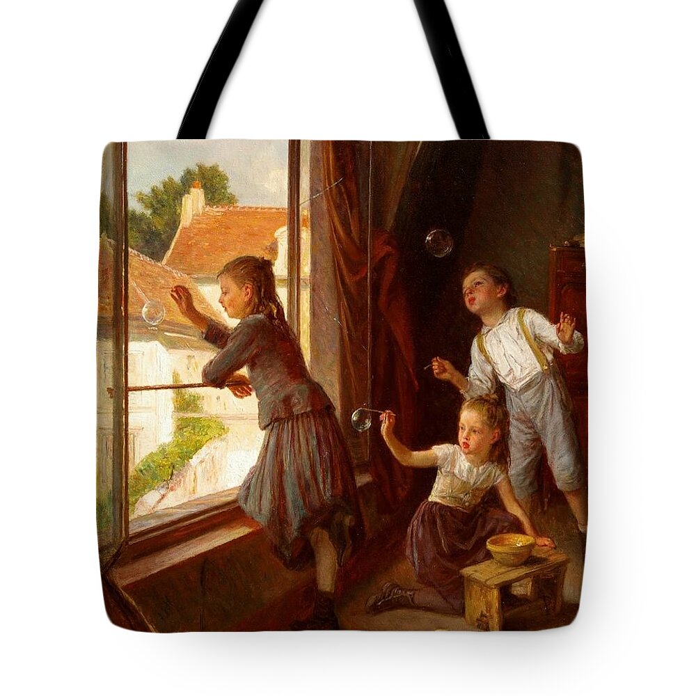 Theophile Duverger (1821-1901) Blowing Bubbles C. 1860 Tote Bag featuring the painting Blowing Bubbles by MotionAge Designs