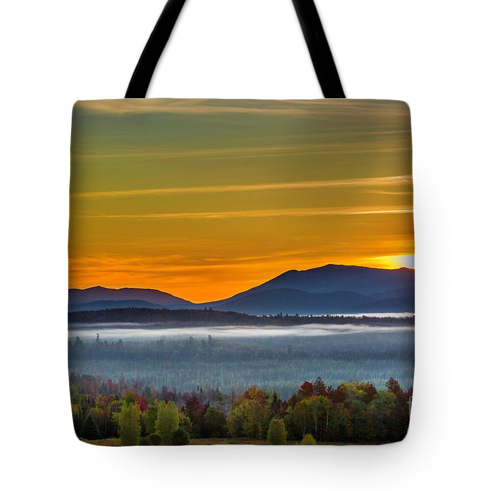 Blue Adirondack Morning Mist Tote Bag featuring the photograph Blue Adirondack Morning Mist by Karen Jorstad