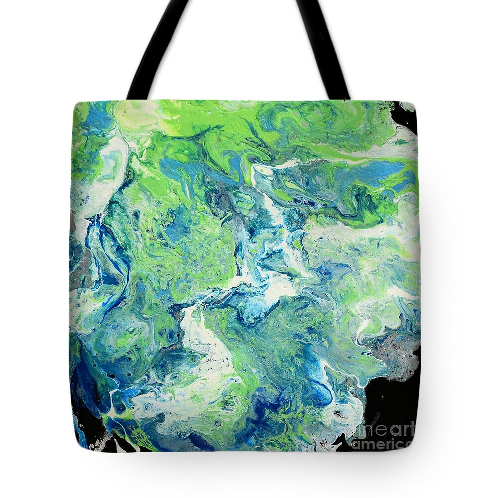Green Tote Bag featuring the painting Blue and Green Vibrations by Shelly Tschupp