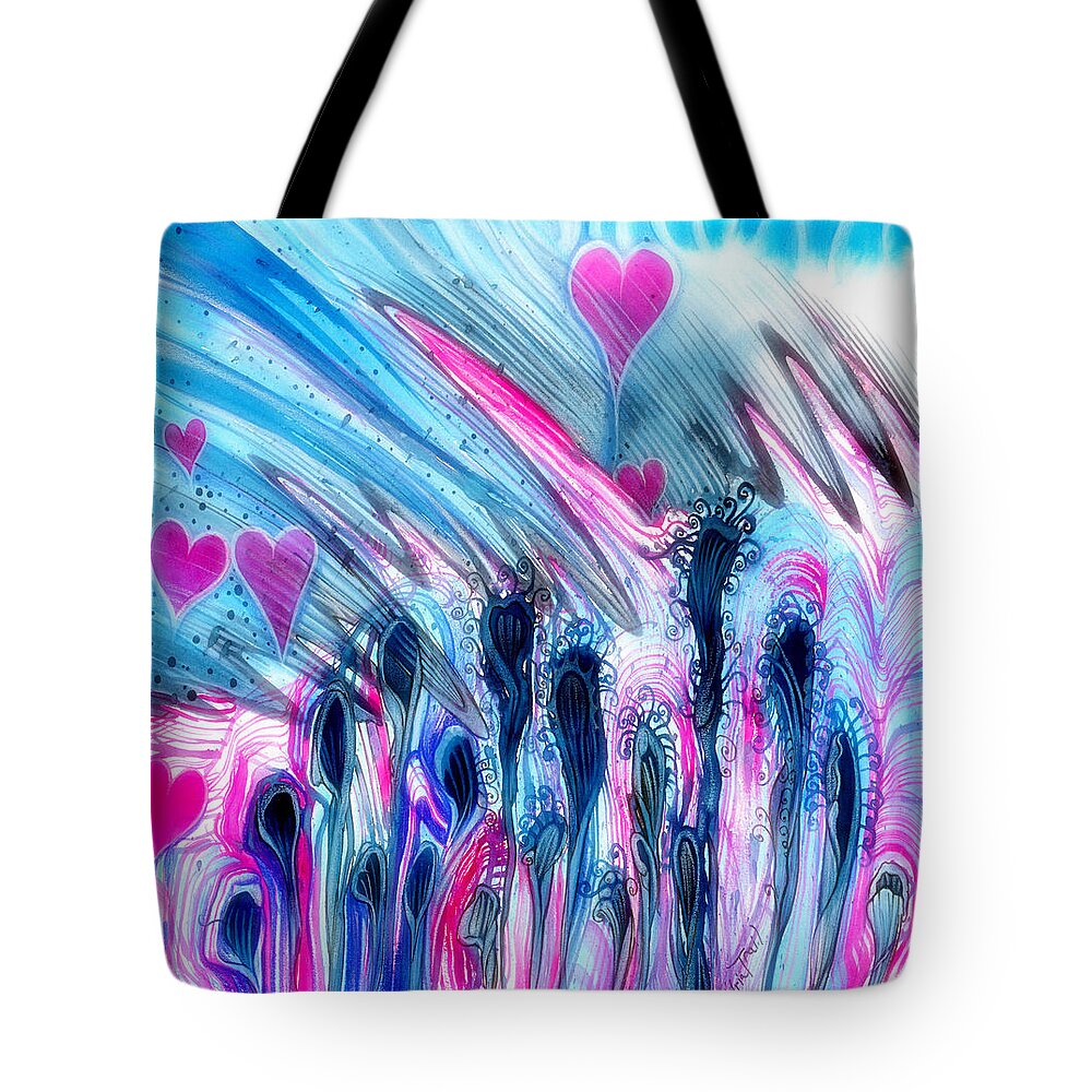 Adria Trail Tote Bag featuring the painting Blue and Hearts by Adria Trail