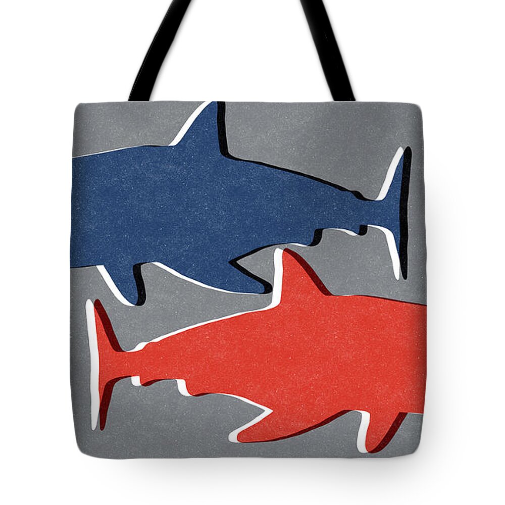 Shark Tote Bag featuring the mixed media Blue and Red Sharks by Linda Woods