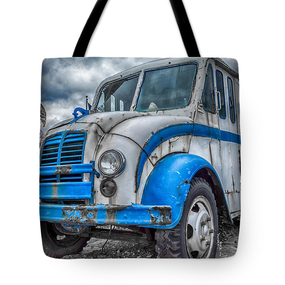 Divco Tote Bag featuring the photograph Blue and White DivCo by Guy Whiteley