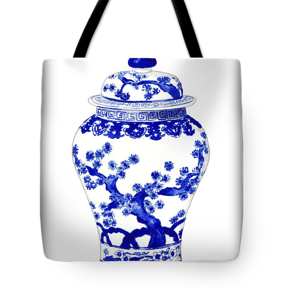 Blue And White China Tote Bag featuring the painting Blue and White Ginger Jar Chinoiserie 10 by Laura Row