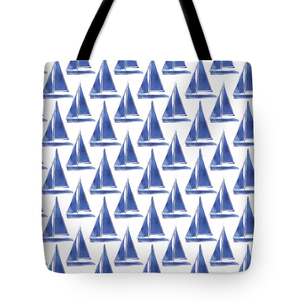Boats Tote Bag featuring the digital art Blue and White Sailboats Pattern- Art by Linda Woods by Linda Woods