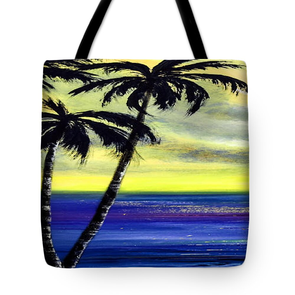 Sunset Tote Bag featuring the painting Blue and Yellow Tropical Sunset by Gina De Gorna