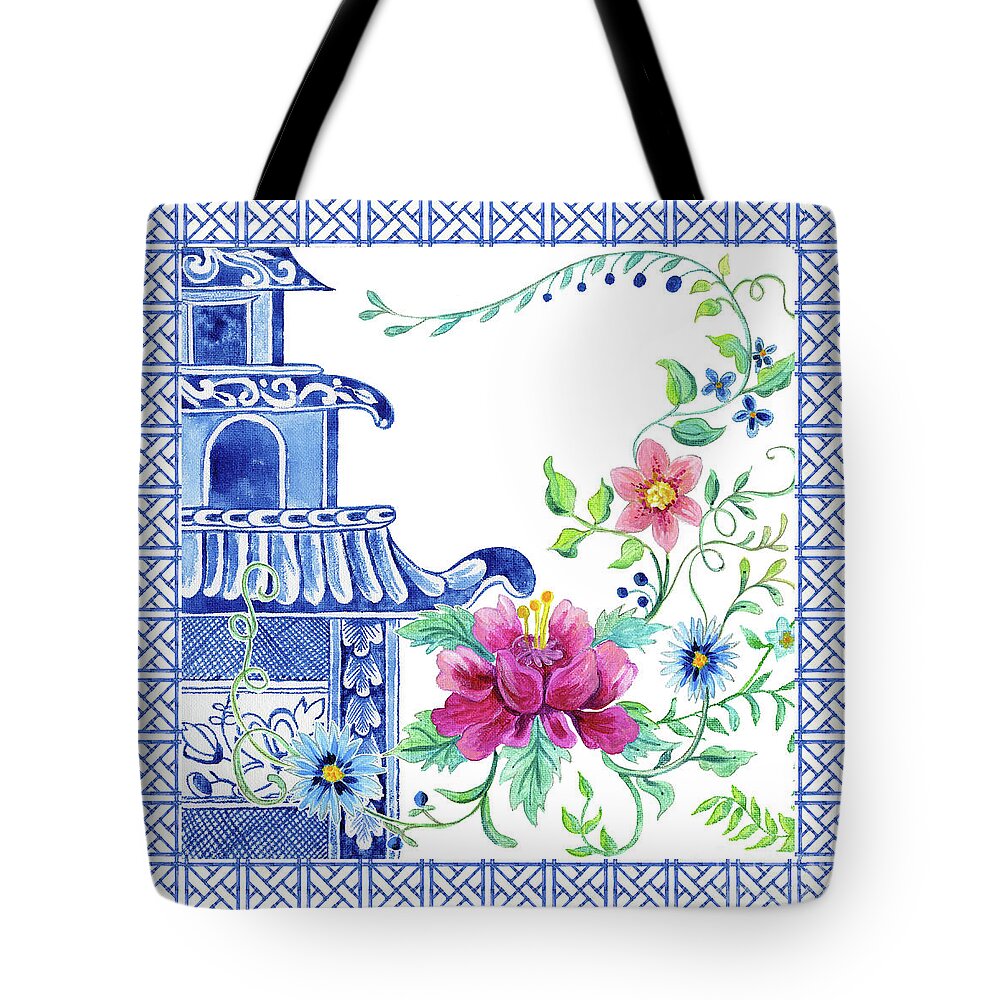 Chinese Tote Bag featuring the painting Blue Asian Influence 10 Vintage Style Chinoiserie Floral Pagoda w Chinese Chippendale Border by Audrey Jeanne Roberts