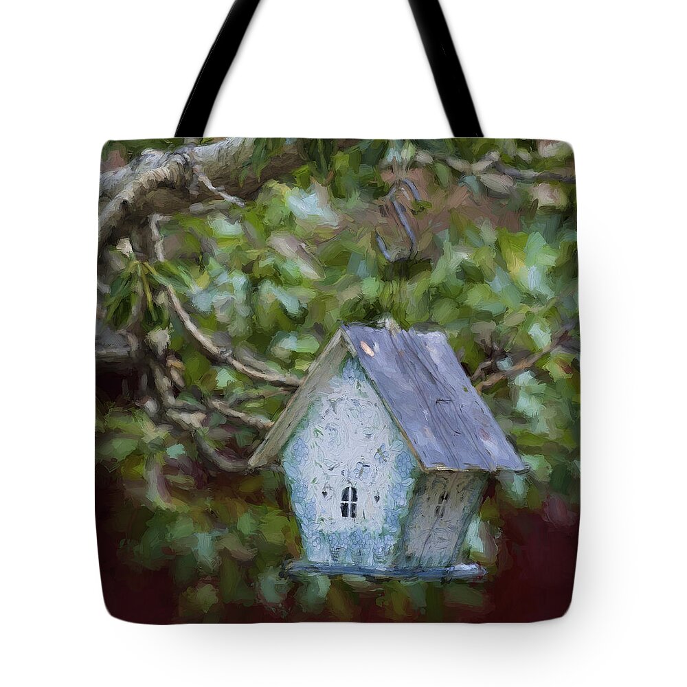 Blue Tote Bag featuring the photograph Blue Birdhouse Painterly Effect by Carol Leigh