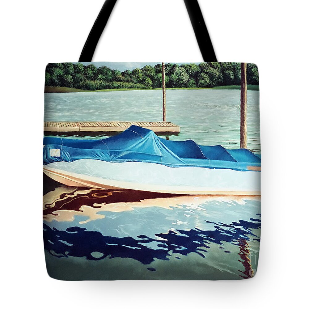 Blue Boat Tote Bag featuring the painting Blue Boat by Christopher Shellhammer