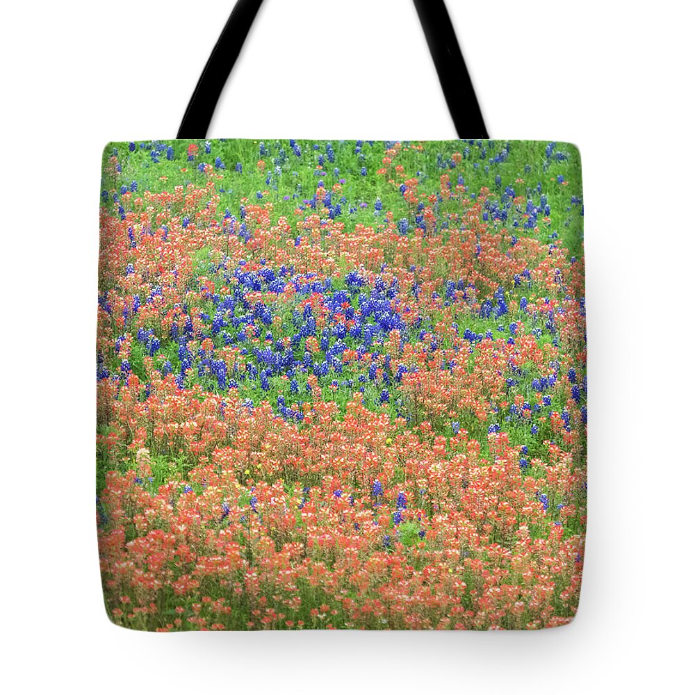 Texas Tote Bag featuring the photograph Blue bonnets and Indian paintbrush-Texas wildflowers by Usha Peddamatham
