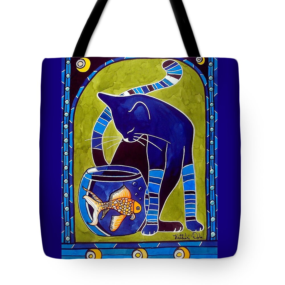 Cats Tote Bag featuring the painting Blue Cat with Goldfish by Dora Hathazi Mendes
