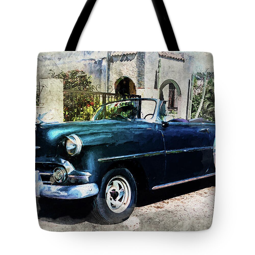 Chevy Tote Bag featuring the photograph Blue Chevy in Cuba by Thomas Leparskas