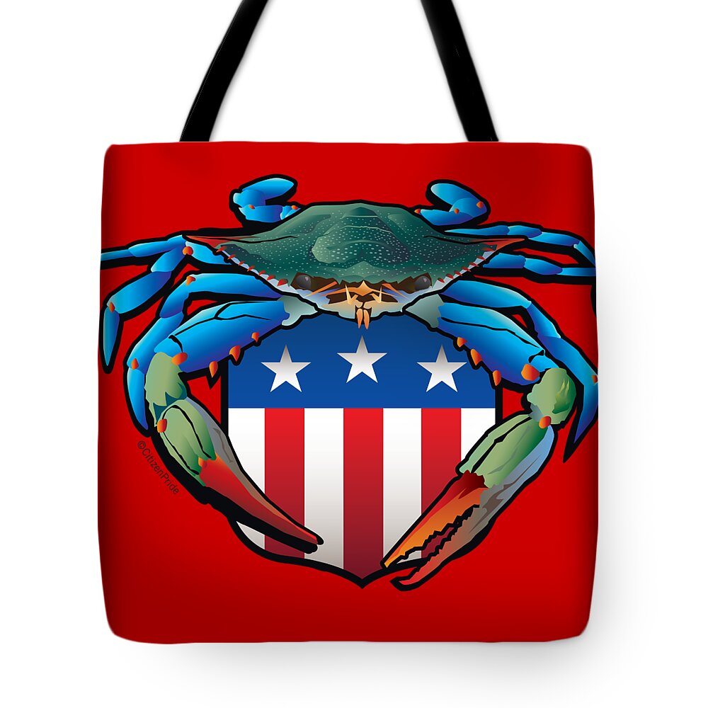 Blue Crab Tote Bag featuring the digital art Blue Crab USA Crest by Joe Barsin