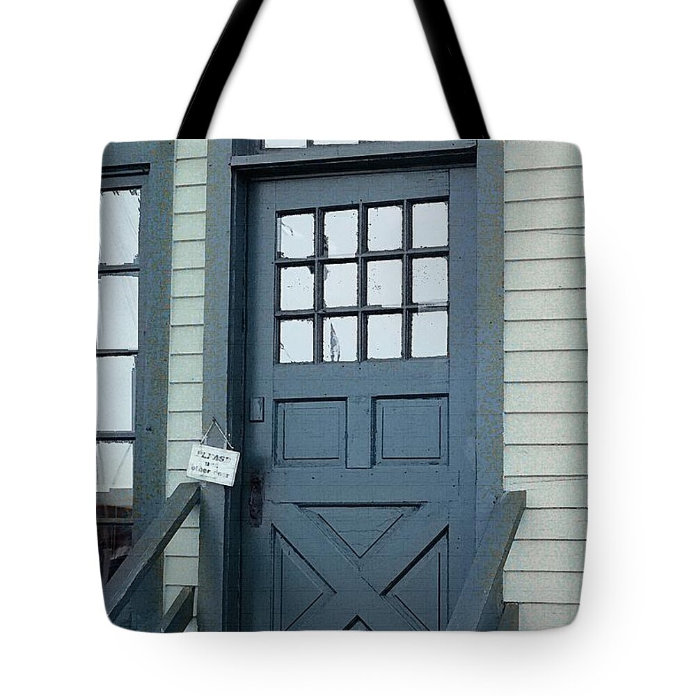 Door Tote Bag featuring the painting Blue Door at the Seaport by RC DeWinter