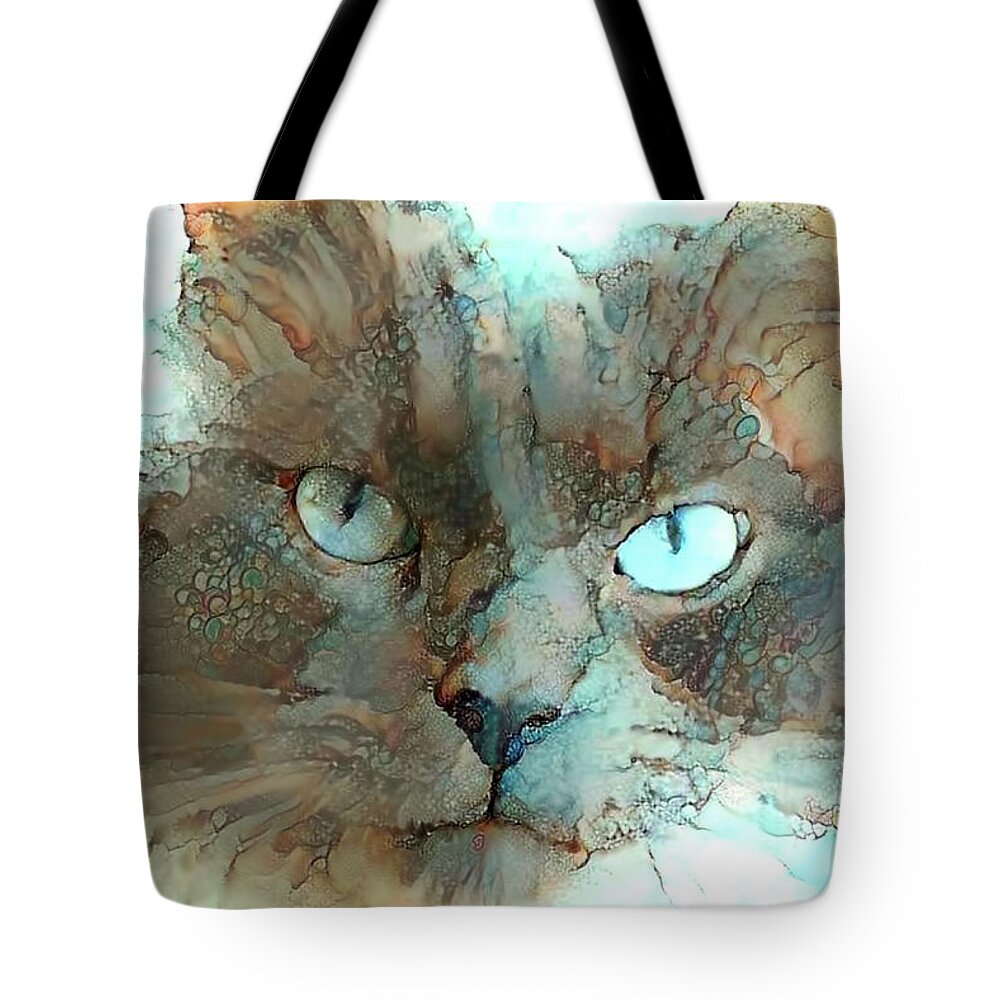Cat Tote Bag featuring the digital art Blue Eyed Persian Cat Watercolor by Peggy Collins