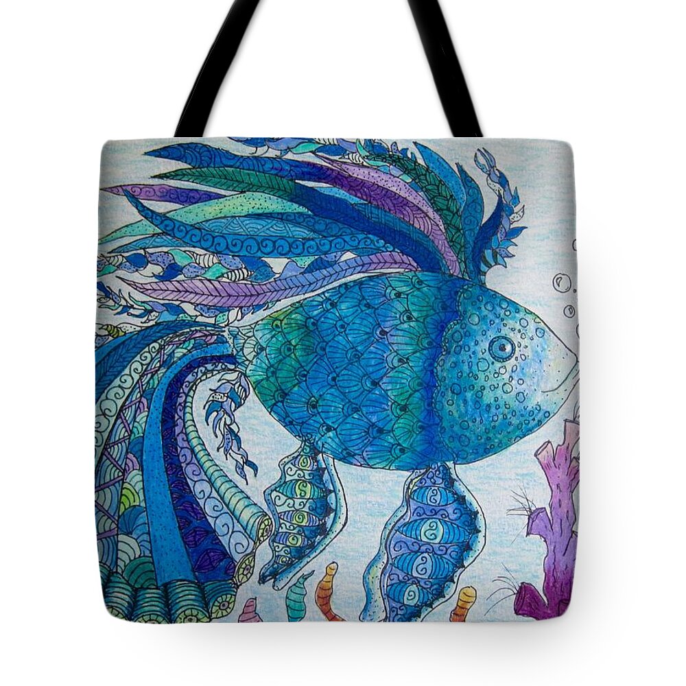 Fish Tote Bag featuring the drawing Blue fish by Megan Walsh