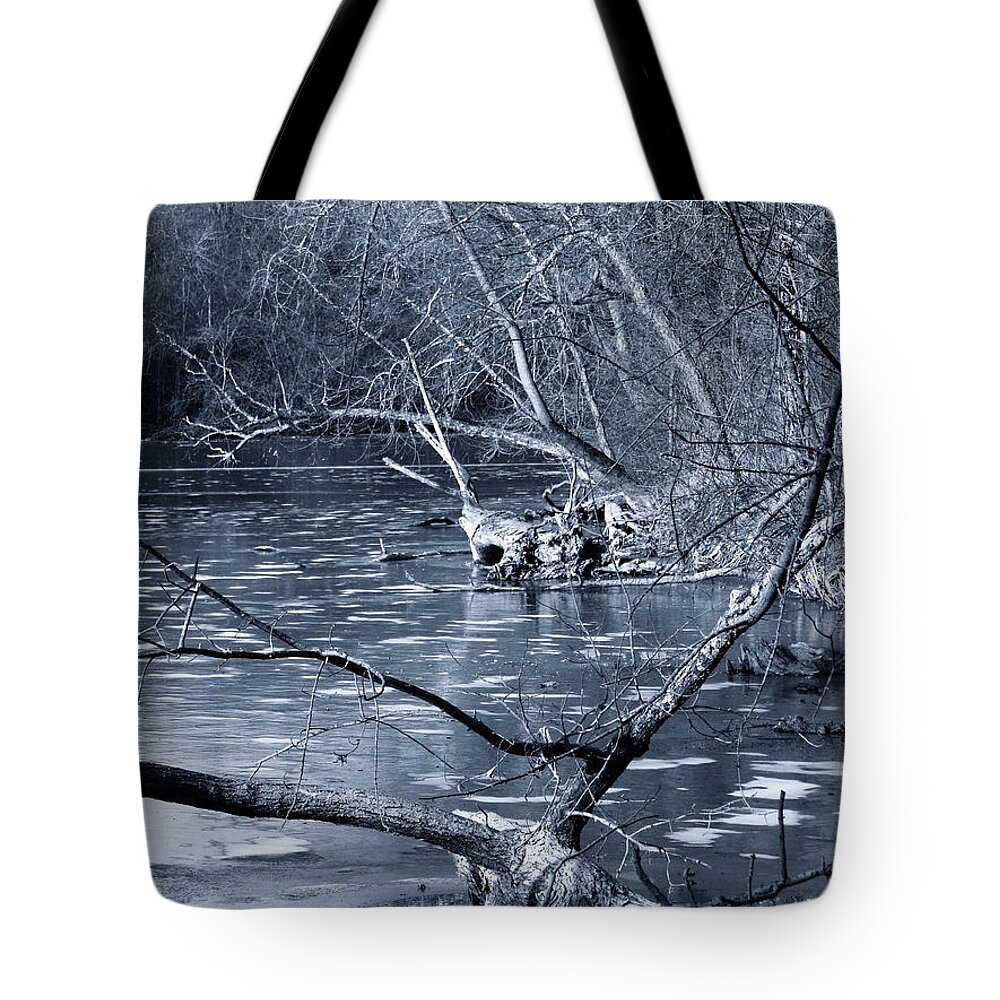 Winter Tote Bag featuring the digital art Blue Freeze by Wild Thing