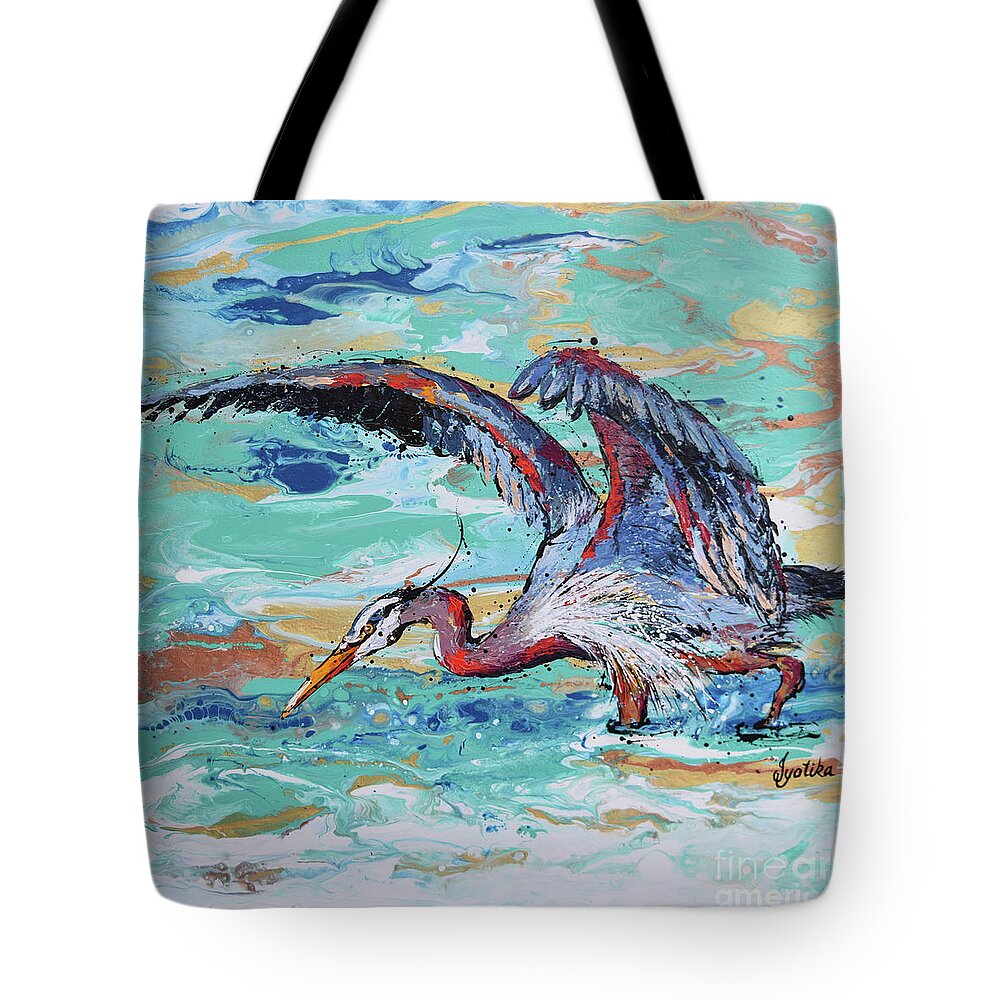 Great Blue Heron Tote Bag featuring the painting Blue Heron Hunting by Jyotika Shroff